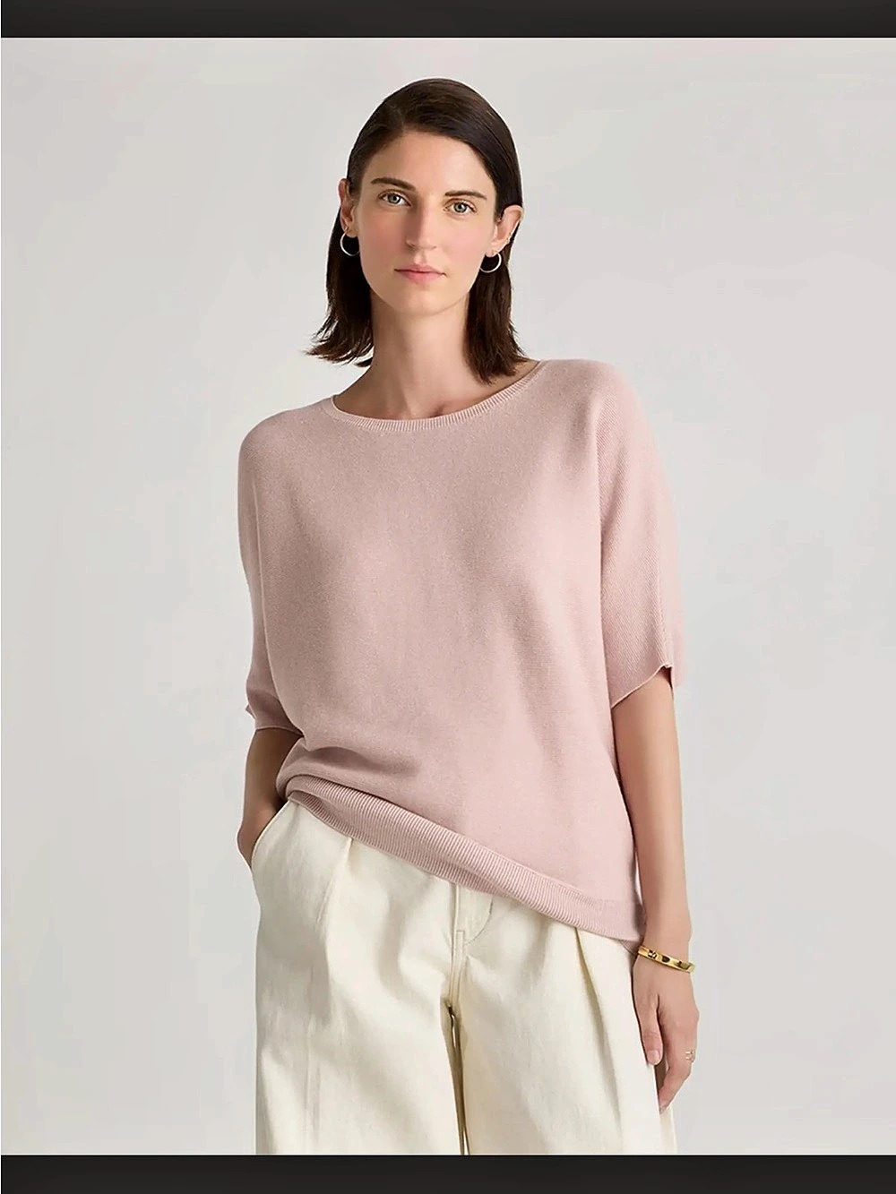 Quince Lightweight Cotton Cashmere Link-Stitch Dolman Sweater M